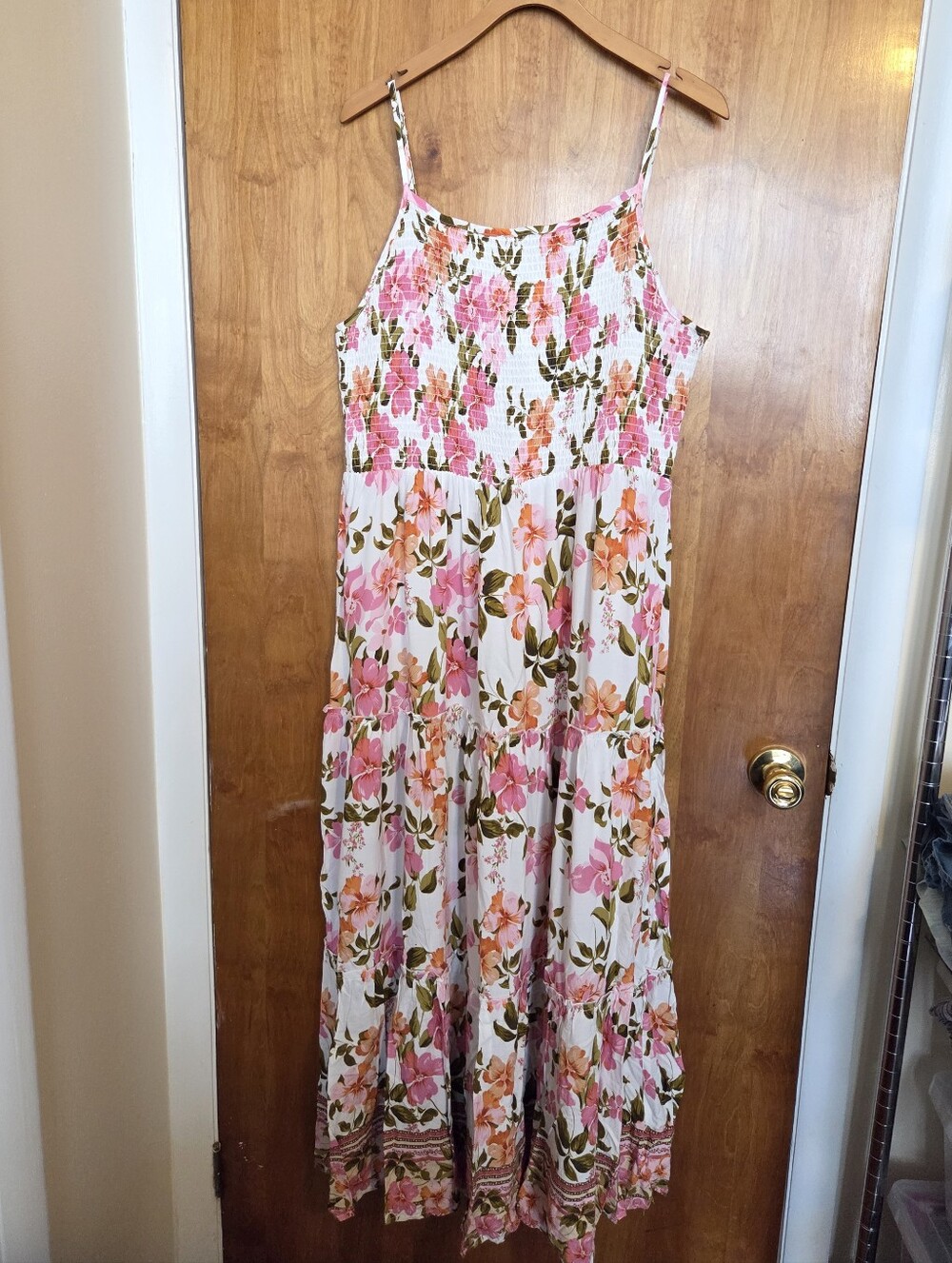 Francesca's Pink and Orange Floral Smocked Maxi Dress